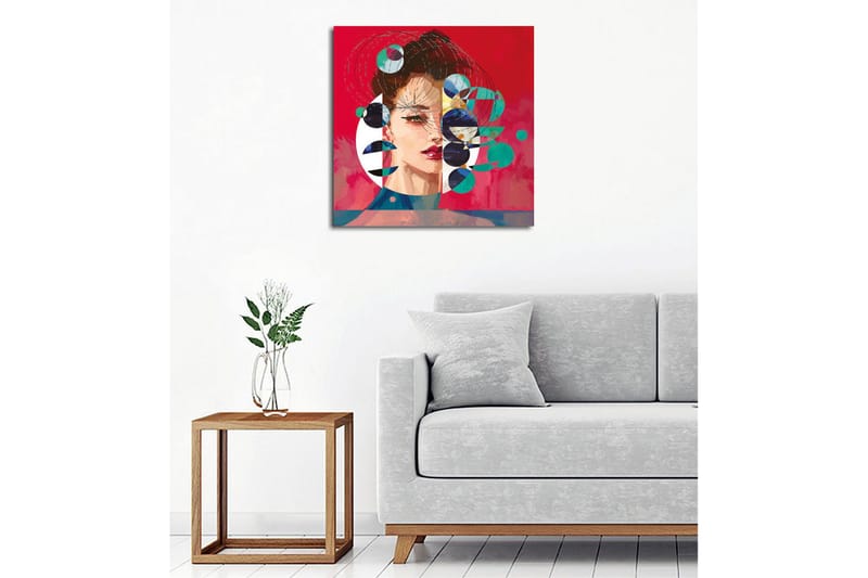 Canvastavla - Porträtt av en kvinna med abstrakta geometriska former och färgglada cirklar - Röd / Grön / Svart - Inredning - Tavlor & konst - Canvastavlor