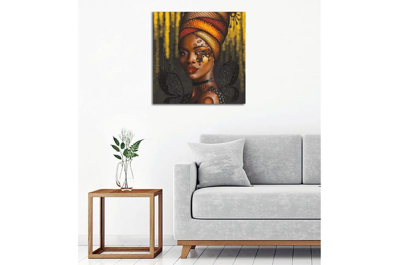 Canvastavla - Porträtt av en kvinna med en färgglad huvudbonad och fjärilar - Guld / Svart / Röd - Inredning - Tavlor & konst - Canvastavlor