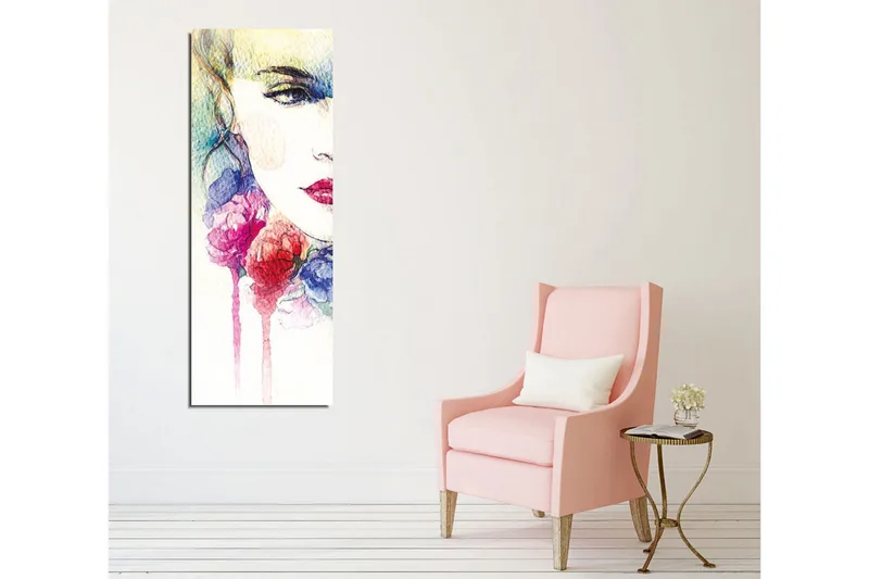 Canvastavla - Porträtt av en kvinna med färgglada blommor runt ansiktet - Rosa / Blå / Gul - Inredning - Tavlor & konst - Canvastavlor