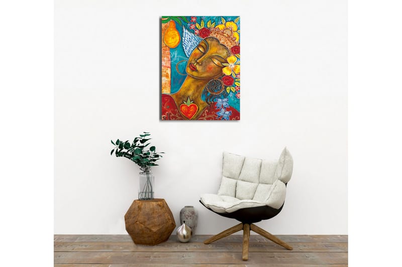 Canvastavla - Porträtt av en kvinna med blommor och frukter i håret - Turkos / Brun / Röd - Inredning - Tavlor & konst - Canvastavlor