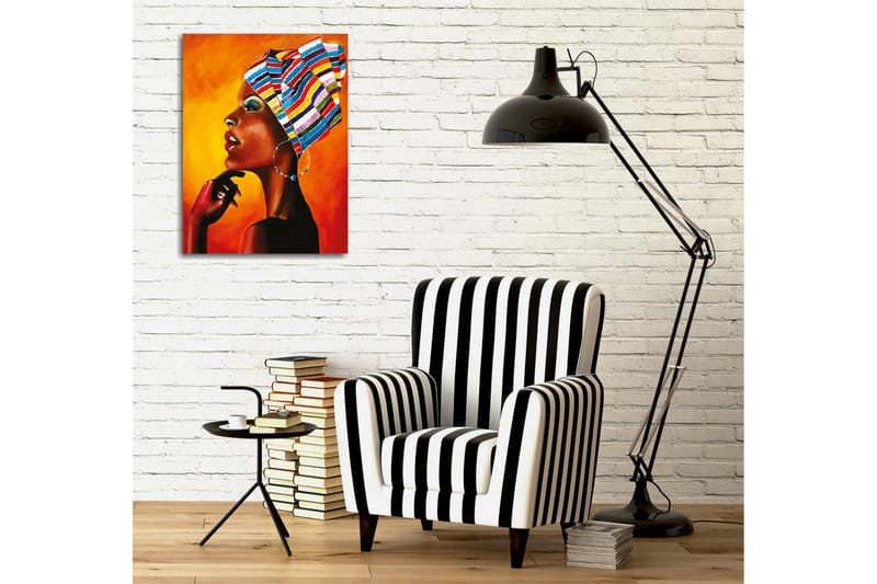 Canvastavla - Porträtt av en kvinna med färgglad huvudduk och starka uttryck - Orange / Svart / Blå - Inredning - Tavlor & konst - Canvastavlor