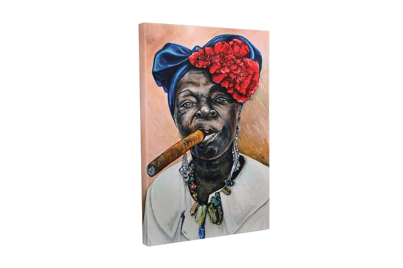 Canvastavla - Porträtt av en kvinna med cigarr och färgglad huvudbonad, Mörkblå / Röd / Hudton