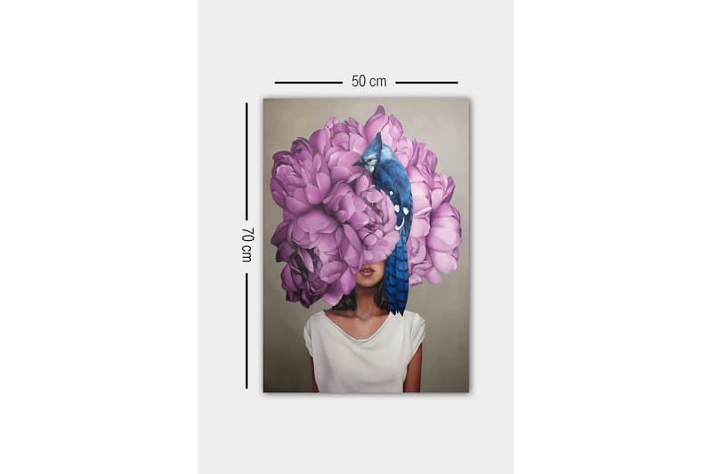 Canvastavla - Porträtt av en kvinna med en stor bukett av rosa blommor som huvudmotiv - Rosa / Blå / Beige - Inredning - Tavlor & konst - Canvastavlor