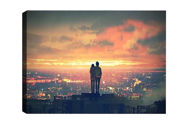 Canvastavla - Par som står tillsammans och betraktar en solnedgång över en stad, Orange / Blå / Grå