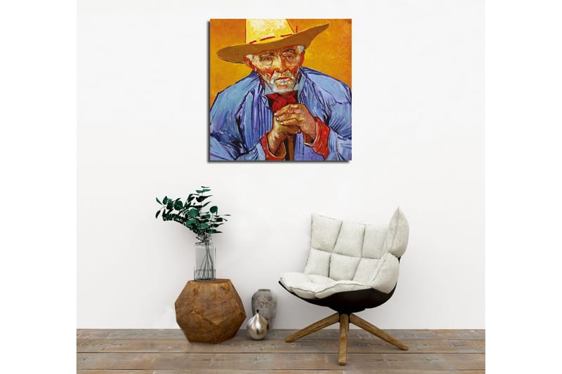 Canvastavla - Porträtt av en gammal man med hatt och blå skjorta - Gul / Blå / Röd - Inredning - Tavlor & konst - Canvastavlor