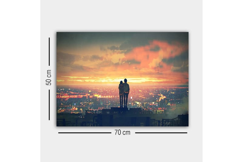 Canvastavla - Par som står tillsammans och betraktar en solnedgång över en stad - Orange / Blå / Grå - Inredning - Tavlor & konst - Canvastavlor