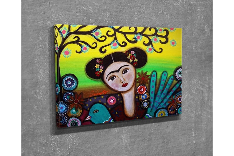 Canvastavla - Porträtt av en kvinna med blommor i håret och en grön fågel vid sidan om - Grön / Röd / Svart - Inredning - Tavlor & konst - Canvastavlor