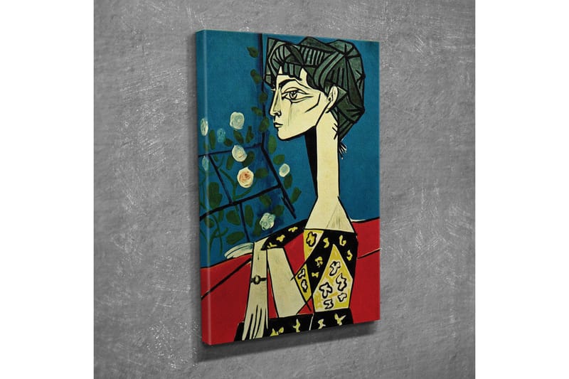 Canvastavla - Porträtt av en kvinna med stiliserade drag och blommor i bakgrunden - Blå / Röd / Svart - Inredning - Tavlor & konst - Canvastavlor