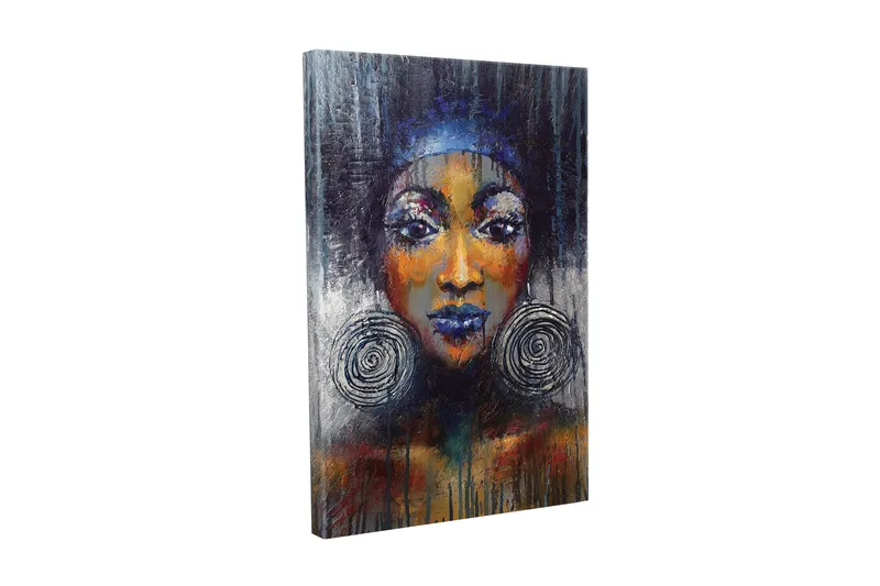 Canvastavla - Porträtt av en kvinna med stora örhängen och starka färger, Mörkblå / Orange / Svart