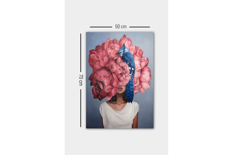 Canvastavla - Porträtt av en kvinna med en stor bukett av rosa blommor som huvud och en blå fågel sittande på blommorna - Rosa / Blå / Beige - Inredning - Tavlor & konst - Canvastavlor