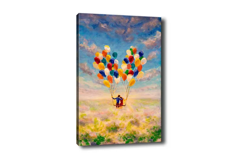 Canvastavla - Par med ballonger som svävar över en blomstrande äng, Gul / Grön / Blå