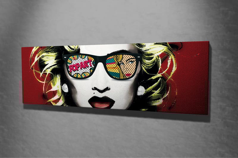 Canvastavla - Porträtt av en kvinna med solglasögon och popkonstmotiv i reflektionerna - Röd / Svart / Gul - Inredning - Tavlor & konst - Canvastavlor