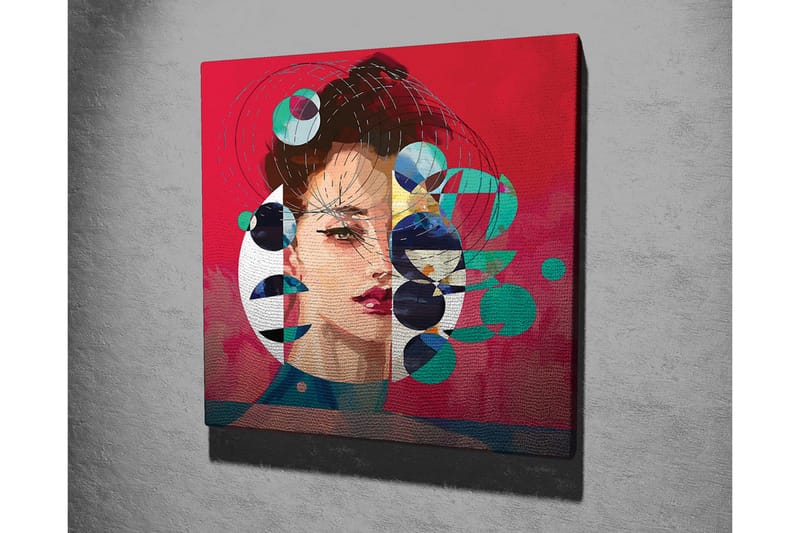 Canvastavla - Porträtt av en kvinna med abstrakta geometriska former och färgglada cirklar - Röd / Grön / Svart - Inredning - Tavlor & konst - Canvastavlor