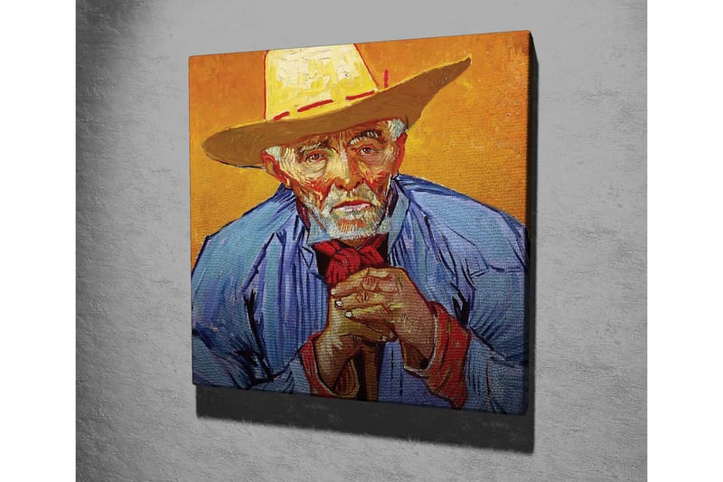 Canvastavla - Porträtt av en gammal man med hatt och blå skjorta - Gul / Blå / Röd - Inredning - Tavlor & konst - Canvastavlor