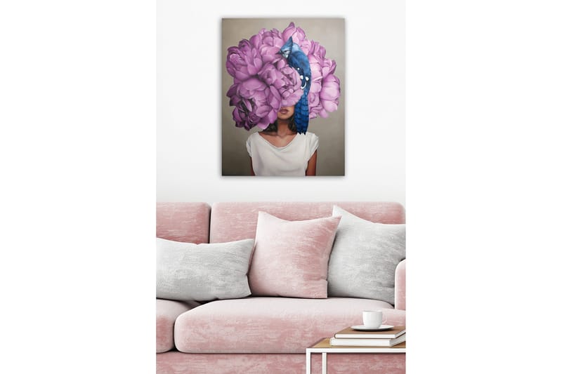 Canvastavla - Porträtt av en kvinna med en stor bukett av rosa blommor som huvudmotiv - Rosa / Blå / Beige - Inredning - Tavlor & konst - Canvastavlor