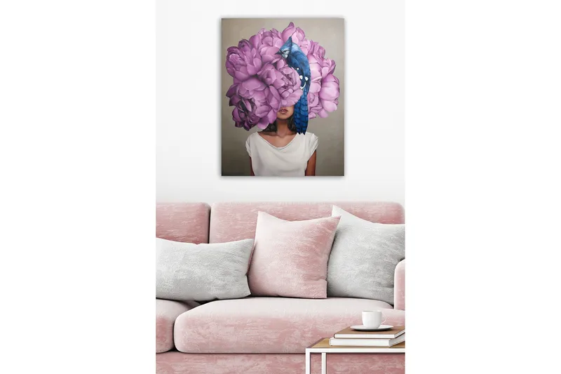 Canvastavla - Porträtt av en kvinna med en stor bukett av rosa blommor som huvudmotiv - Rosa / Blå / Beige - Inredning - Tavlor & konst - Canvastavlor