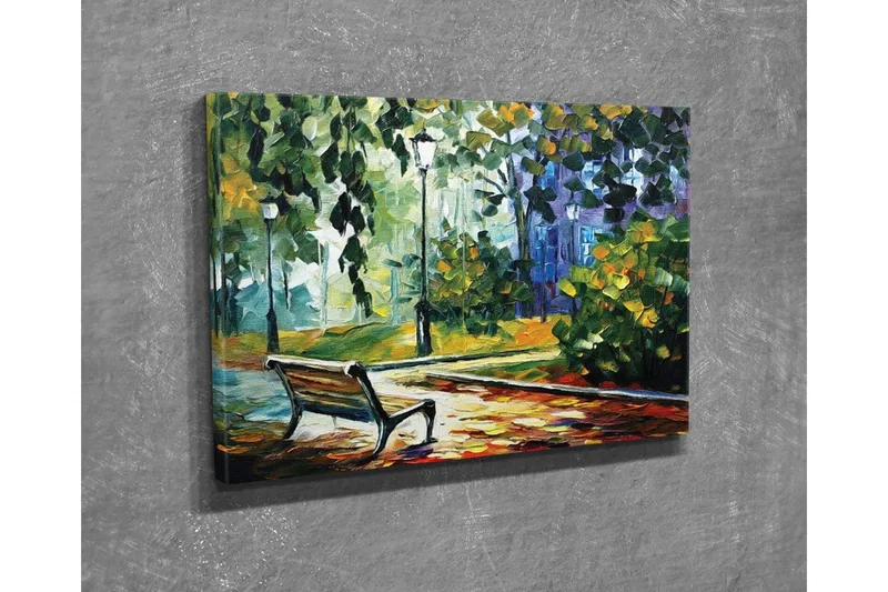 Canvastavla - Parkbänk omgiven av grönskande träd och lampor i en färgglad miljö - Grön / Gul / Blå - Inredning - Tavlor & konst - Canvastavlor