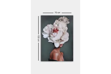 Canvastavla - Porträtt av en kvinna med en stor blomsterkrans av vita pioner som täcker hennes huvud - Vit / Mörkgrön / Rosa - Inredning - Tavlor & konst - Canvastavlor