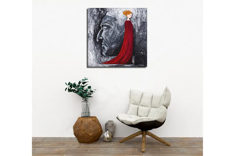 Canvastavla - Porträtt av en kvinna i röd klänning med en stor ansiktsprofil i grått i bakgrunden - Röd / Grå / Svart - Inredning - Tavlor & konst - Canvastavlor