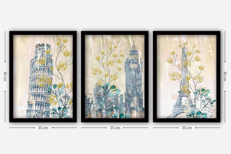 Dekorativ inramad målning 3-Delar 35x45 cm - Flerfärgad - Inredning - Tavlor & konst - Canvastavlor