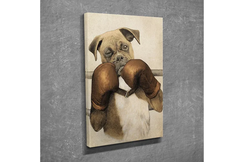 Liten Canvastavla 30x40 cm - Boxande hund med handskar - Brun / Beige / Vit - Inredning - Tavlor & konst - Canvastavlor