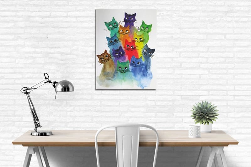 Liten Canvastavla 30x40 cm - Färgglad samling av katter i olika nyanser - Grön / Blå / Lila - Inredning - Tavlor & konst - Canvastavlor