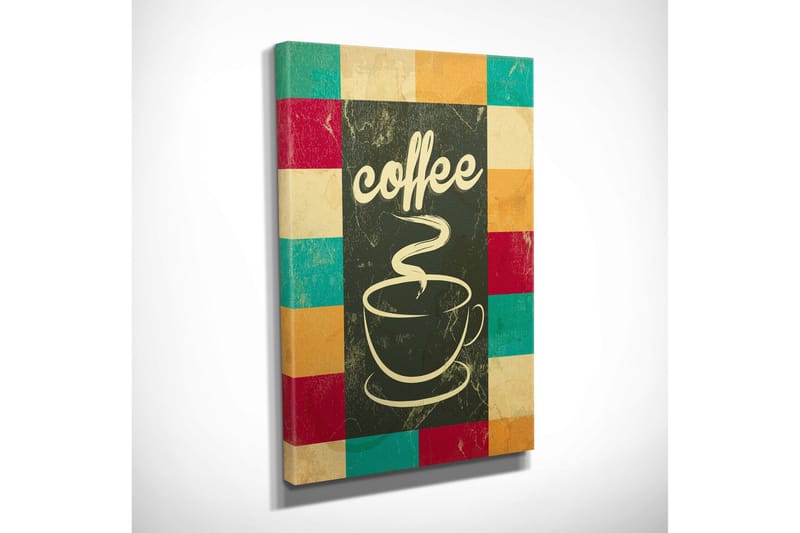 Liten Canvastavla 30x40 cm - Kopp med ångande kaffe och texten coffee - Mörkgrön / Turkos / Röd - Inredning - Tavlor & konst - Canvastavlor
