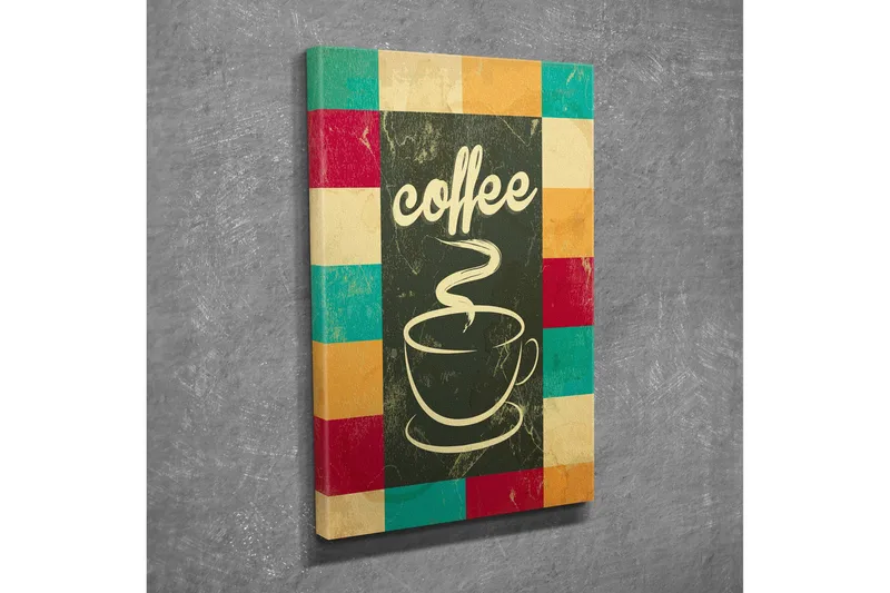 Liten Canvastavla 30x40 cm - Kopp med ångande kaffe och texten coffee, Mörkgrön / Turkos / Röd