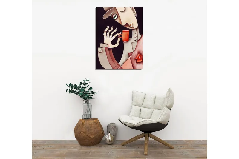 Liten Canvastavla 30x40 cm - Man som dricker ur en röd kopp - Röd / Beige / Brun - Inredning - Tavlor & konst - Canvastavlor