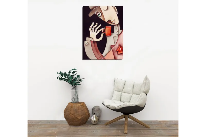 Liten Canvastavla 30x40 cm - Man som dricker ur en röd kopp - Röd / Beige / Brun - Inredning - Tavlor & konst - Canvastavlor