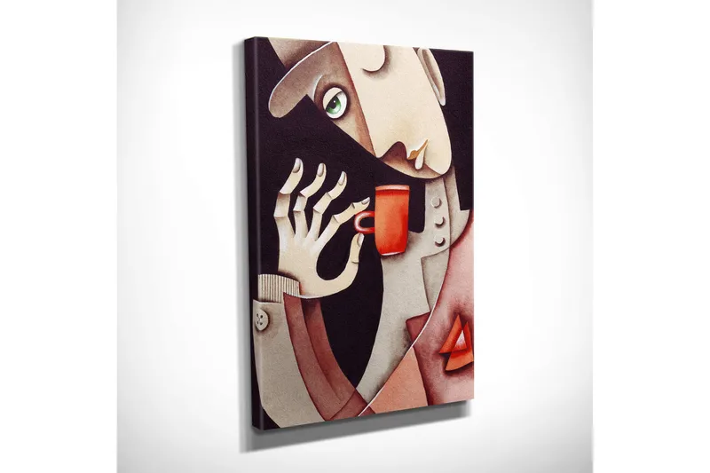 Liten Canvastavla 30x40 cm - Man som dricker ur en röd kopp - Röd / Beige / Brun - Inredning - Tavlor & konst - Canvastavlor