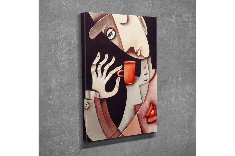 Liten Canvastavla 30x40 cm - Man som dricker ur en röd kopp - Röd / Beige / Brun - Inredning - Tavlor & konst - Canvastavlor