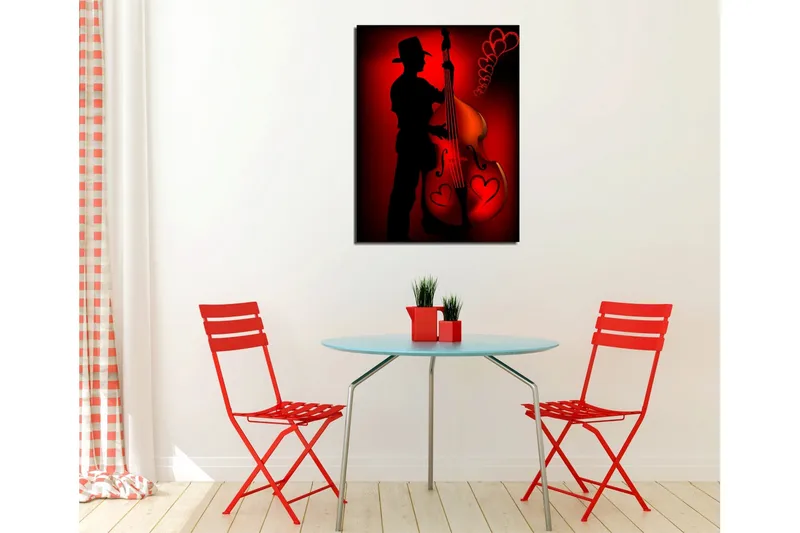 Liten Canvastavla 30x40 cm - Silhuett av en musiker som spelar på en kontrabas med hjärtformade detaljer - Röd / Svart - Inredning - Tavlor & konst - Canvastavlor