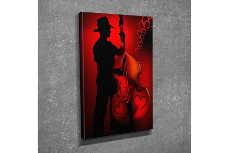Liten Canvastavla 30x40 cm - Silhuett av en musiker som spelar på en kontrabas med hjärtformade detaljer - Röd / Svart - Inredning - Tavlor & konst - Canvastavlor