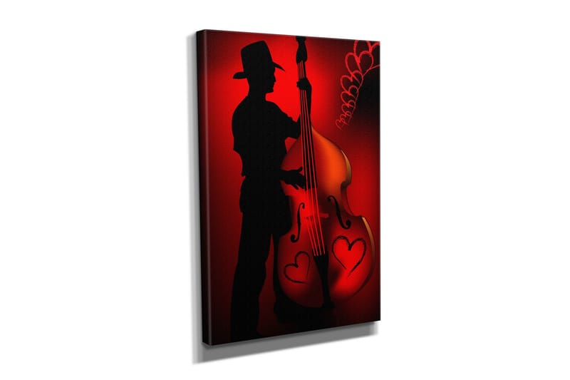 Liten Canvastavla 30x40 cm - Silhuett av en musiker som spelar på en kontrabas med hjärtformade detaljer - Röd / Svart - Inredning - Tavlor & konst - Canvastavlor