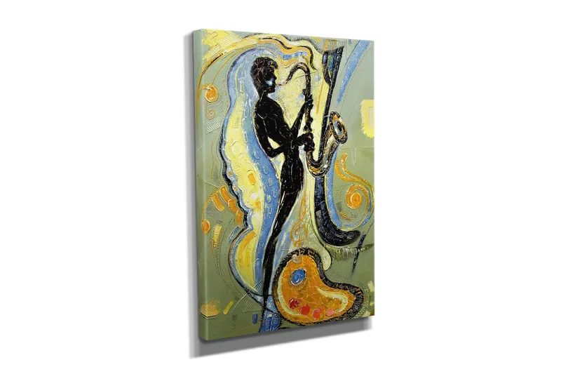 Liten Canvastavla 30x40 cm - Silhuett av en saxofonist i en dynamisk komposition - Svart / Guld / Ljusblå - Inredning - Tavlor & konst - Canvastavlor
