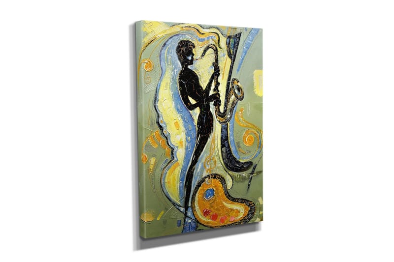 Liten Canvastavla 30x40 cm - Silhuett av en saxofonist i en dynamisk komposition - Svart / Guld / Ljusblå - Inredning - Tavlor & konst - Canvastavlor