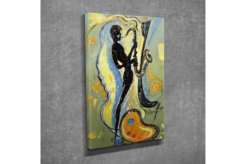 Liten Canvastavla 30x40 cm - Silhuett av en saxofonist i en dynamisk komposition - Svart / Guld / Ljusblå - Inredning - Tavlor & konst - Canvastavlor