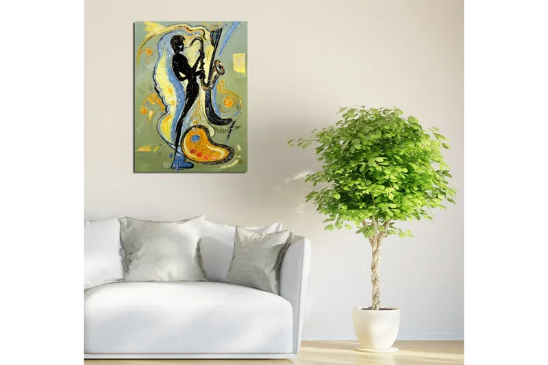 Liten Canvastavla 30x40 cm - Silhuett av en saxofonist i en dynamisk komposition - Svart / Guld / Ljusblå - Inredning - Tavlor & konst - Canvastavlor