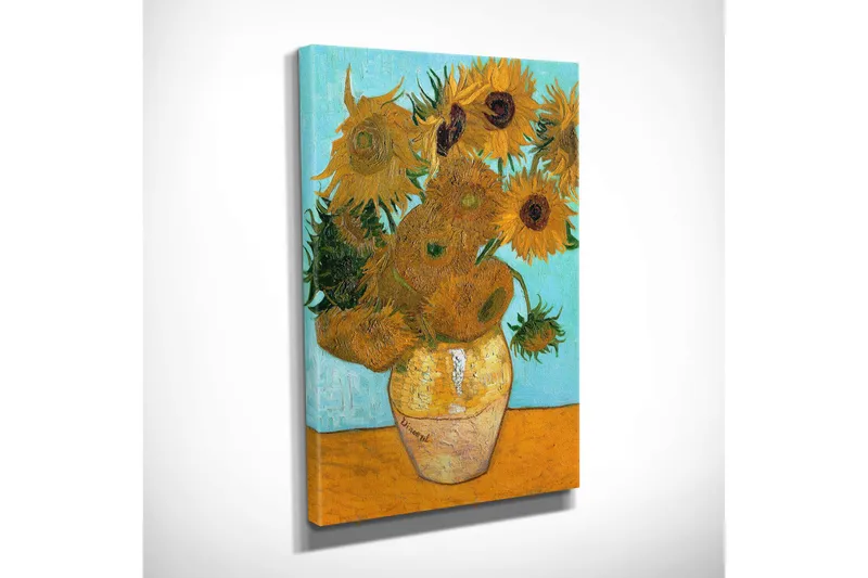 Liten Canvastavla 30x40 cm - Solrosor i en vas med en ljusblå bakgrund - Gul / Grön / Orange - Inredning - Tavlor & konst - Canvastavlor