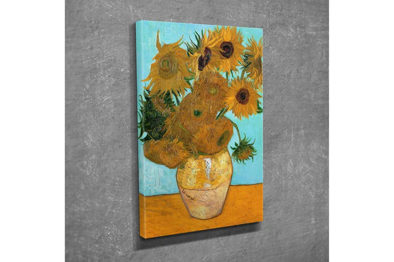 Liten Canvastavla 30x40 cm - Solrosor i en vas med en ljusblå bakgrund - Gul / Grön / Orange - Inredning - Tavlor & konst - Canvastavlor