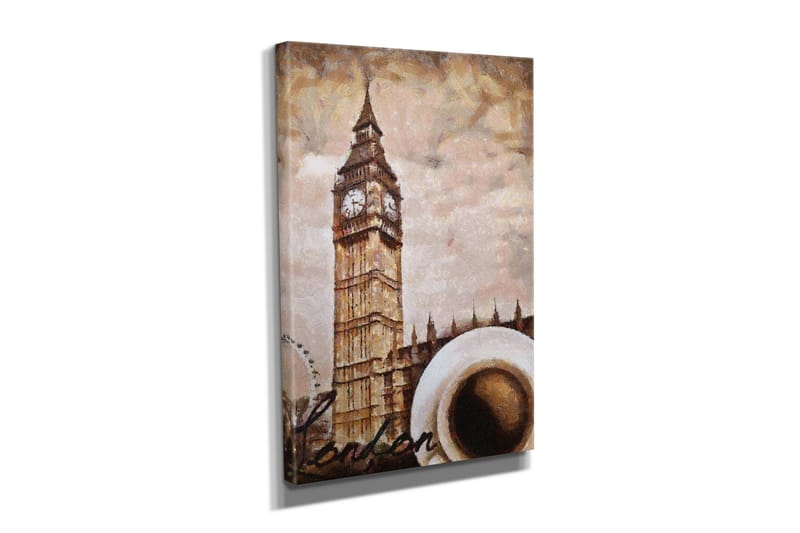 Liten Canvastavla 30x40 cm - Storslagen bild av Big Ben med en kopp kaffe i förgrunden - Beige / Brun / Vit - Inredning - Tavlor & konst - Canvastavlor