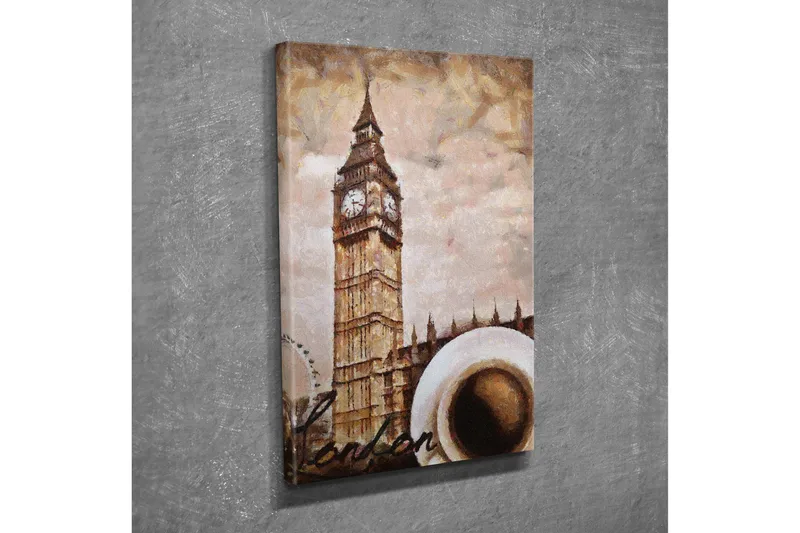 Liten Canvastavla 30x40 cm - Storslagen bild av Big Ben med en kopp kaffe i förgrunden - Beige / Brun / Vit - Inredning - Tavlor & konst - Canvastavlor