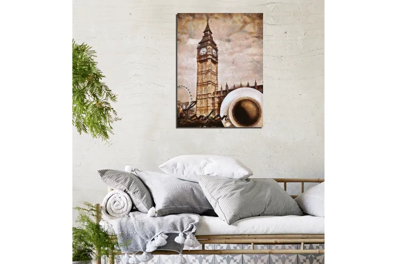 Liten Canvastavla 30x40 cm - Storslagen bild av Big Ben med en kopp kaffe i förgrunden - Beige / Brun / Vit - Inredning - Tavlor & konst - Canvastavlor