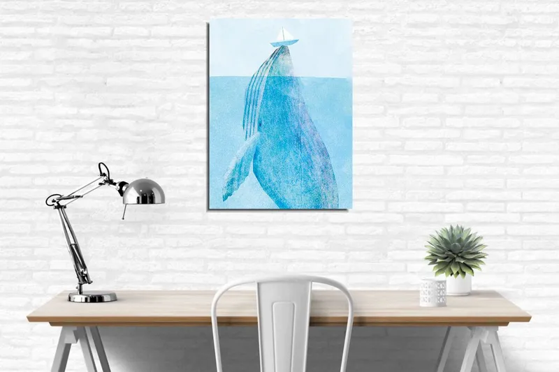 Liten Canvastavla 30x40 cm - Val av en val som bryter ytan med en segelbåt ovanför - Ljusblå / Mörkblå - Inredning - Tavlor & konst - Canvastavlor