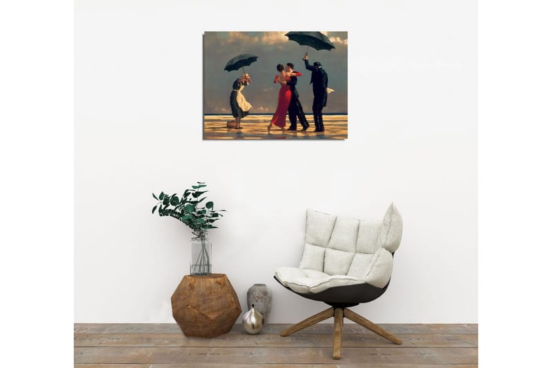 Liten Canvastavla 40x30 cm - Dansande par under paraplyer på en strand - Röd / Svart / Vit - Inredning - Tavlor & konst - Canvastavlor