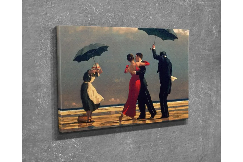 Liten Canvastavla 40x30 cm - Dansande par under paraplyer på en strand, Röd / Svart / Vit