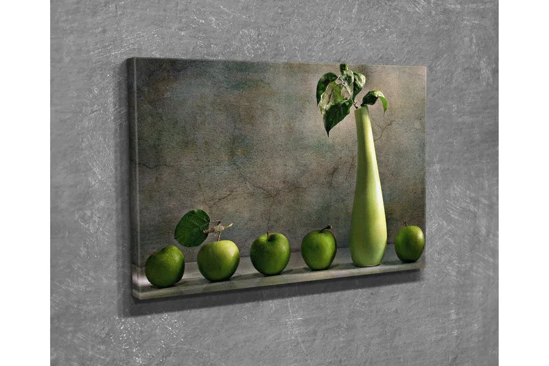 Liten Canvastavla 40x30 cm - Grön äppelkorg med en stilren vas - Grön / Ljusgrön - Inredning - Tavlor & konst - Canvastavlor