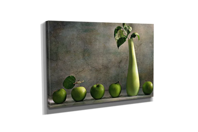 Liten Canvastavla 40x30 cm - Grön äppelkorg med en stilren vas - Grön / Ljusgrön - Inredning - Tavlor & konst - Canvastavlor