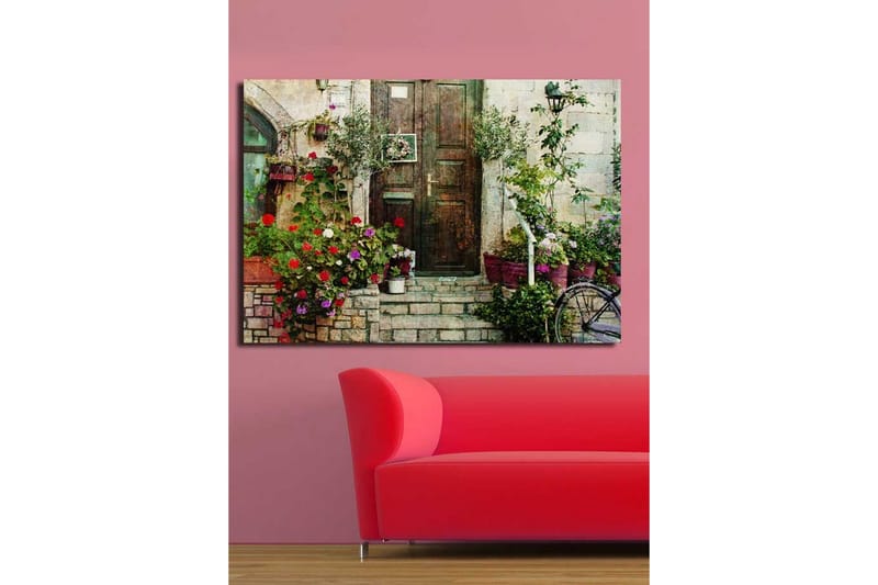 Stor Canvastavla 100x70 cm - Vacker dörr omgiven av färgglada blommor och grönska - Röd / Grön / Lila - Inredning - Tavlor & konst - Canvastavlor